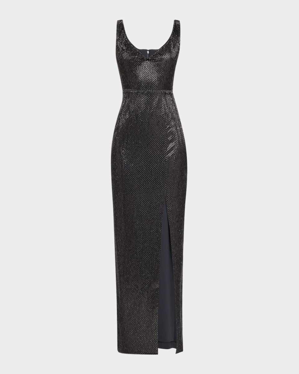V-Neck Diamante Crepe Sleeveless Gown
